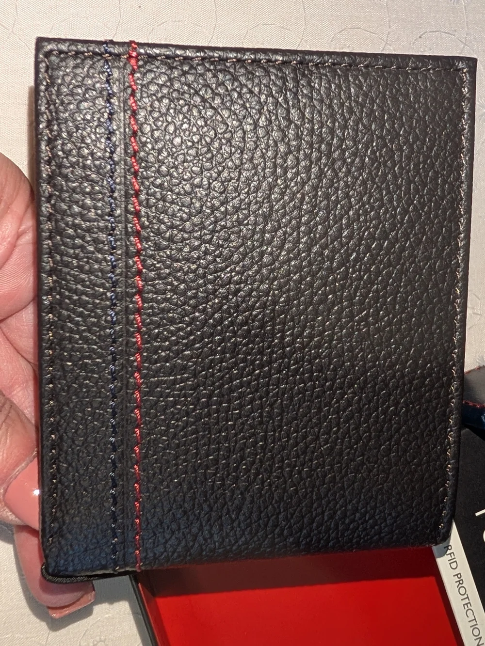 NIB Tommy Hilfiger Brown Leather Bifold Wallet with Red Stitching